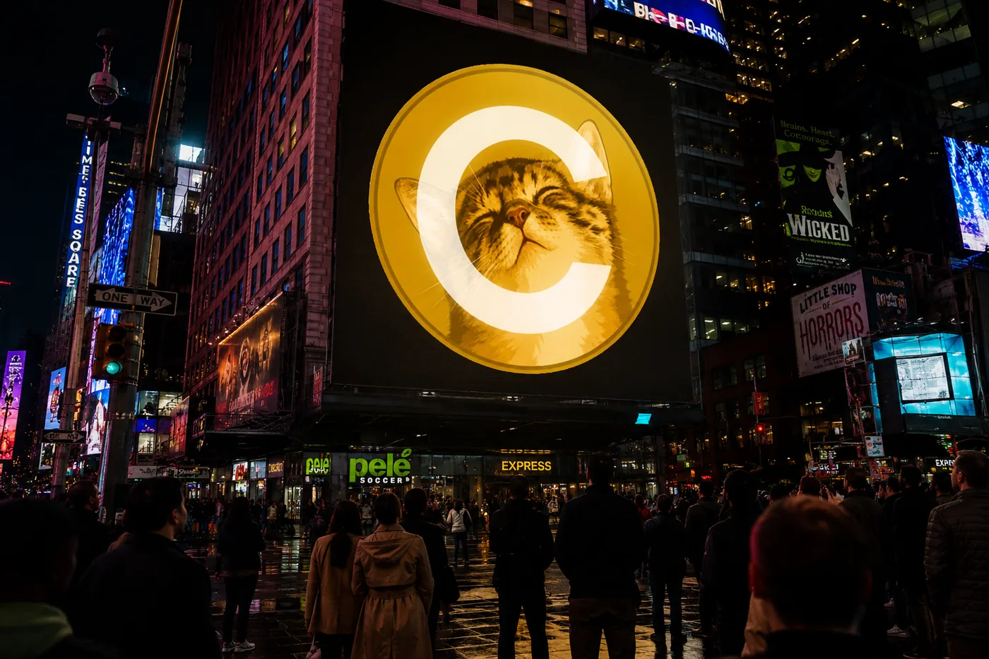 Giant CateCoin billboard lighting up Times Square at night
